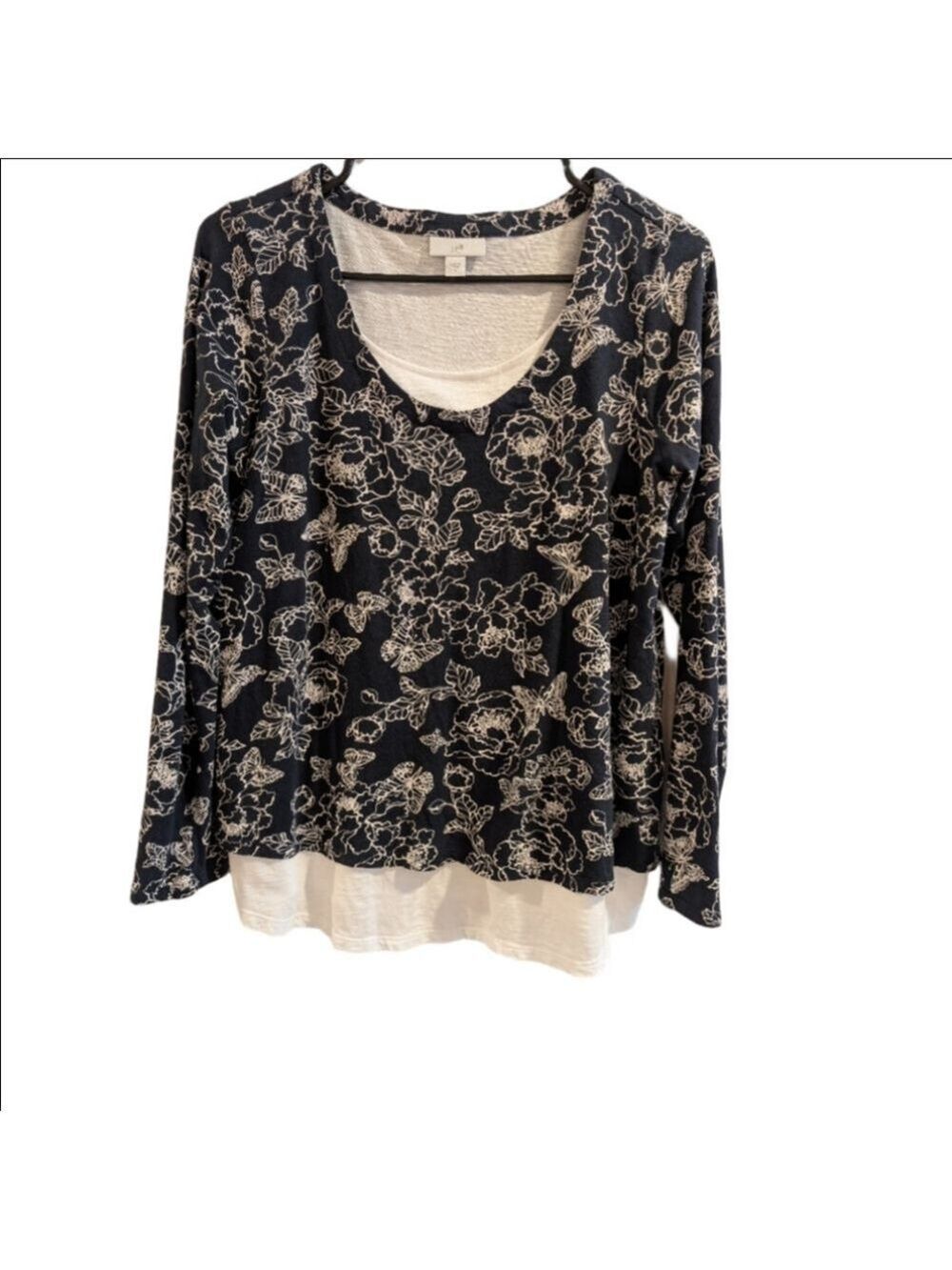 J. Jill Floral Long Sleeve Top Midnight Blue White Size Small